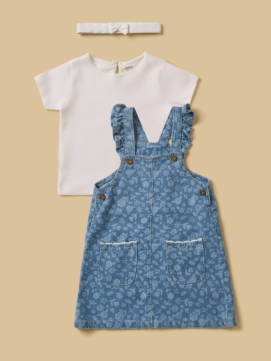 Printed Denim Pinafore with T-Shirt and Headband Set