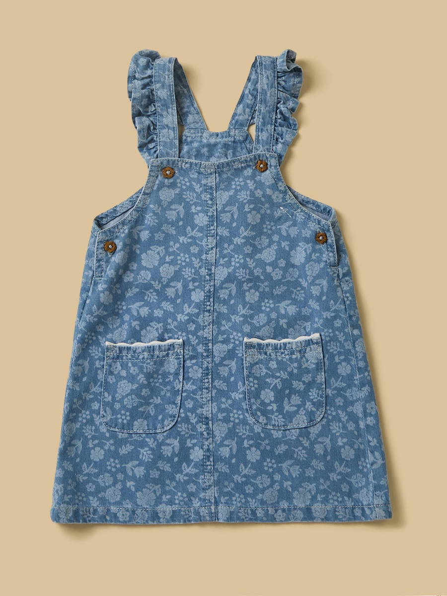 Printed Denim Pinafore with T-Shirt and Headband Set