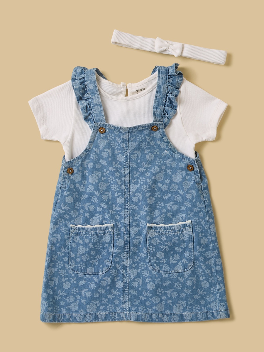 Printed Denim Pinafore with T-Shirt and Headband Set