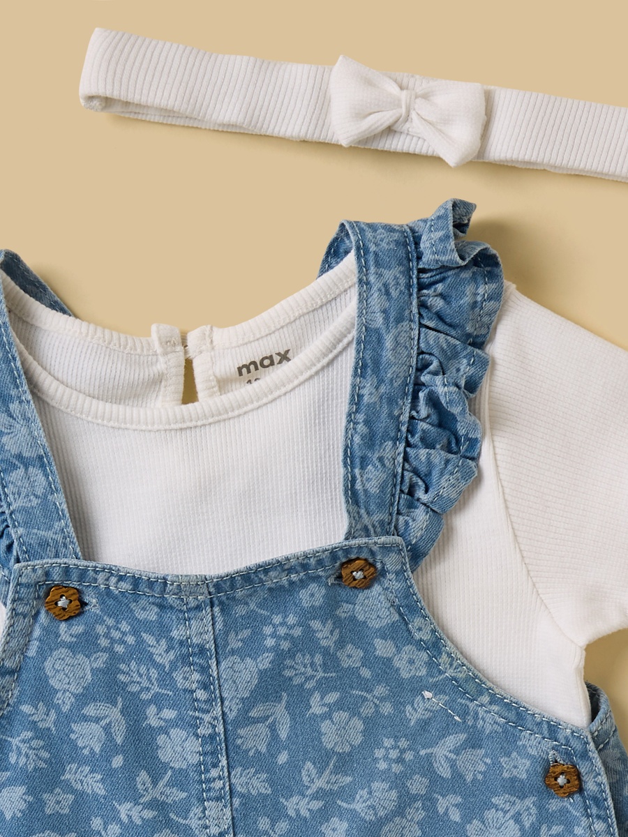 Printed Denim Pinafore with T-Shirt and Headband Set