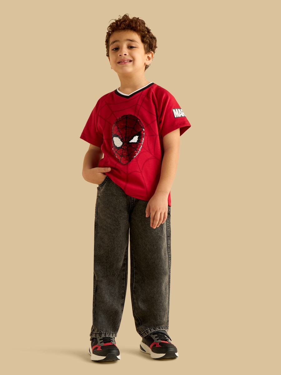 Spider-Man Sequin Embellished Cotton T-Shirt with V-Neck
