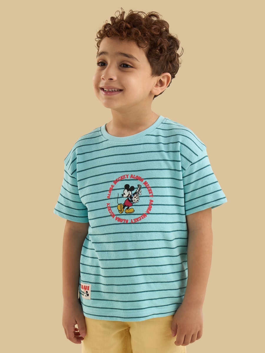 Mickey Mouse Embroidered Striped Cotton T-Shirt