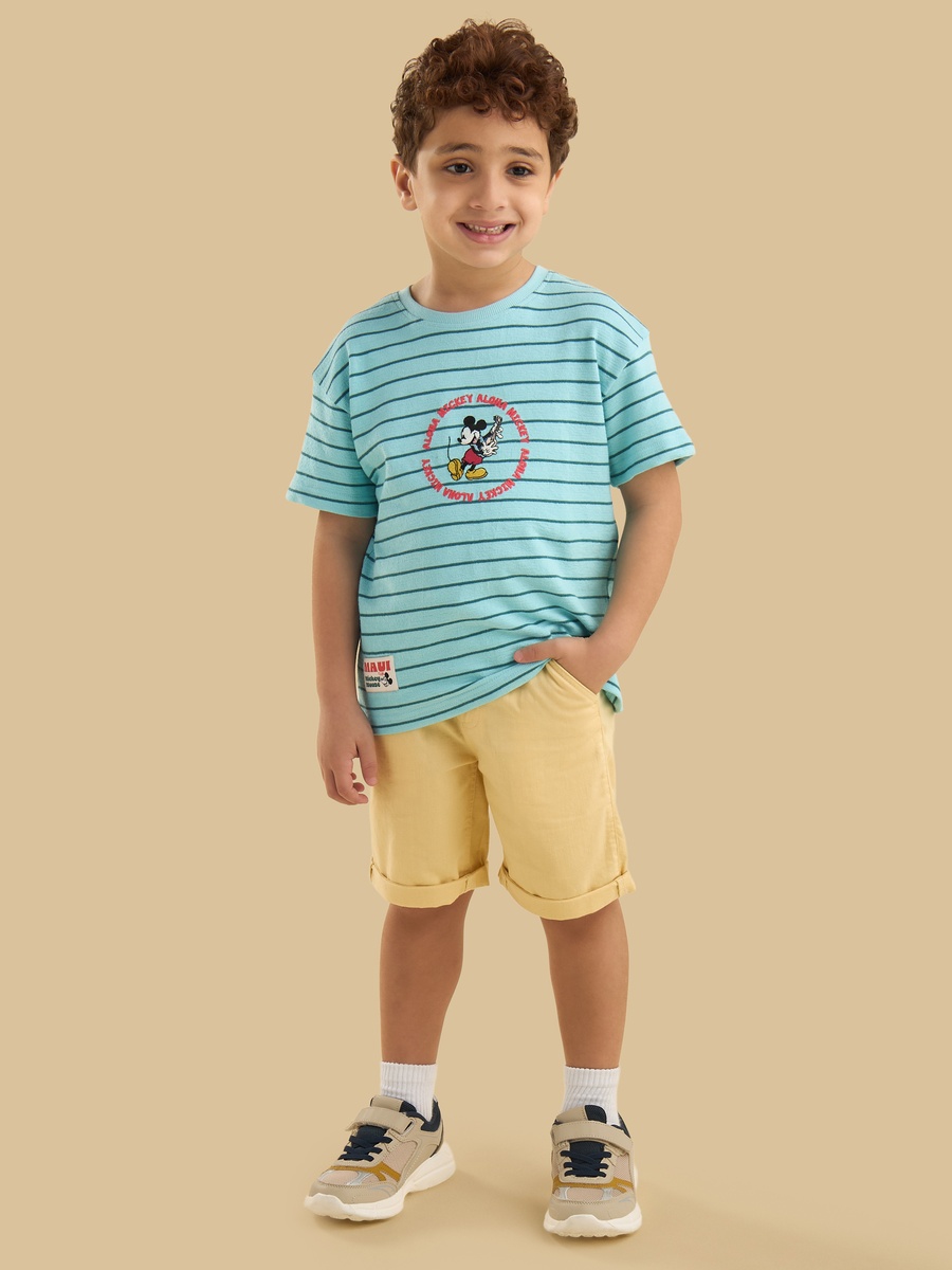 Mickey Mouse Embroidered Striped Cotton T-Shirt