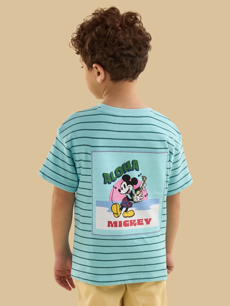 Mickey Mouse Embroidered Striped Cotton T-Shirt