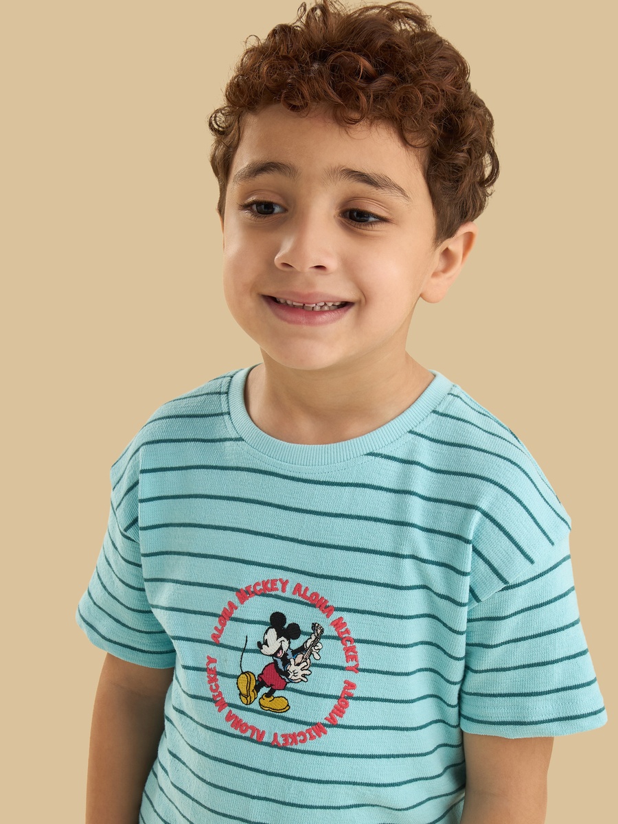 Mickey Mouse Embroidered Striped Cotton T-Shirt