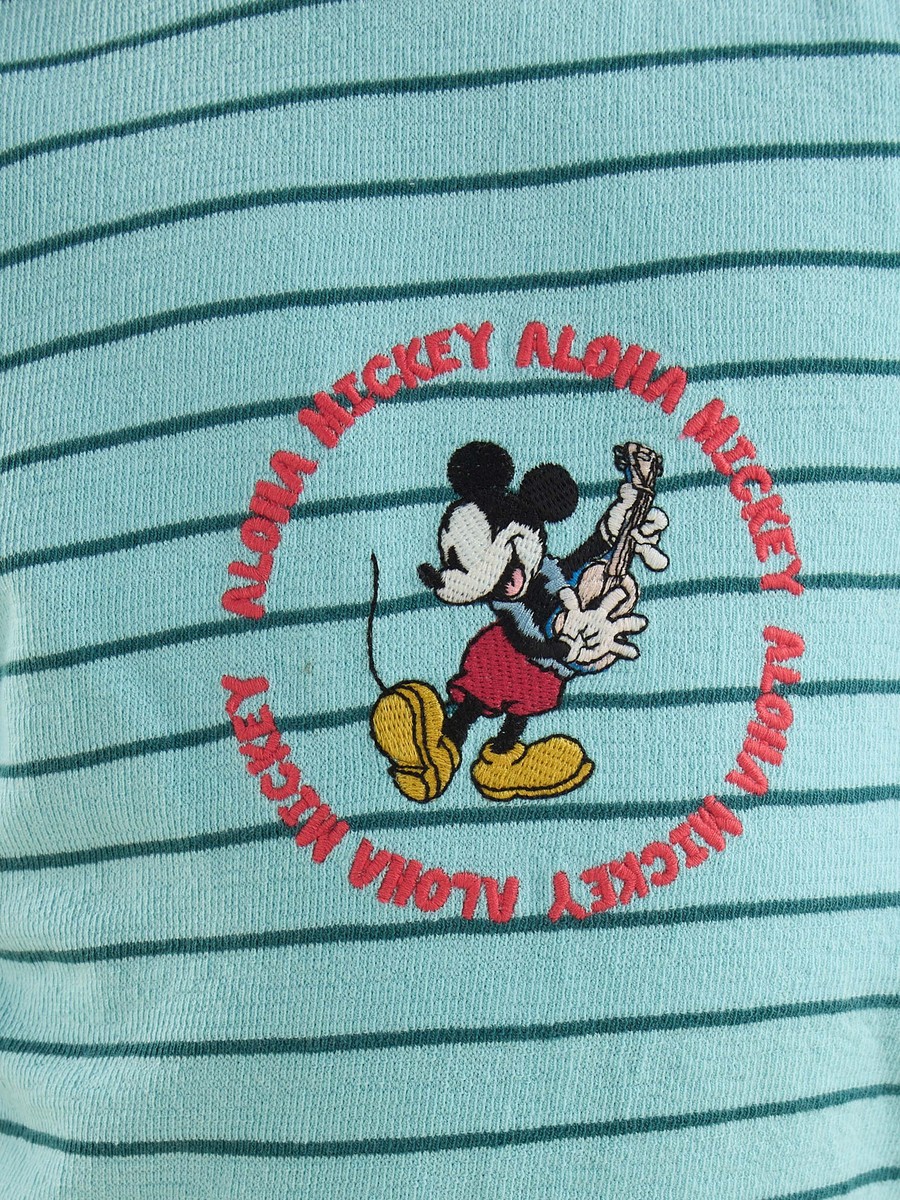 Mickey Mouse Embroidered Striped Cotton T-Shirt