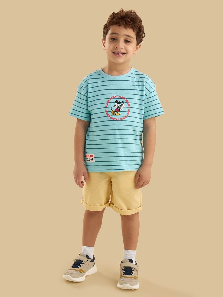 Mickey Mouse Embroidered Striped Cotton T-Shirt