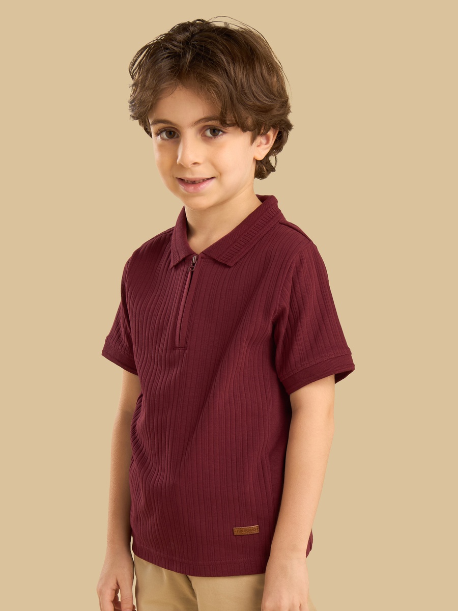 Ribbed Half Zip Cotton Polo T-Shirt