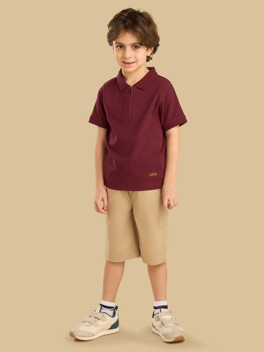 Ribbed Half Zip Cotton Polo T-Shirt