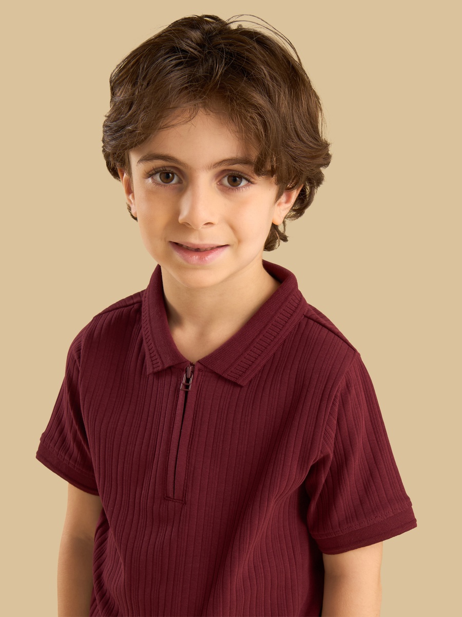 Ribbed Half Zip Cotton Polo T-Shirt