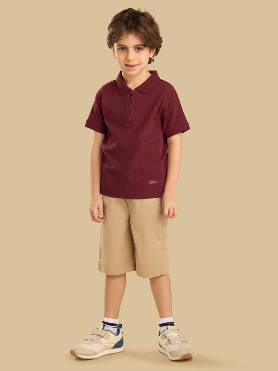 Ribbed Half Zip Cotton Polo T-Shirt