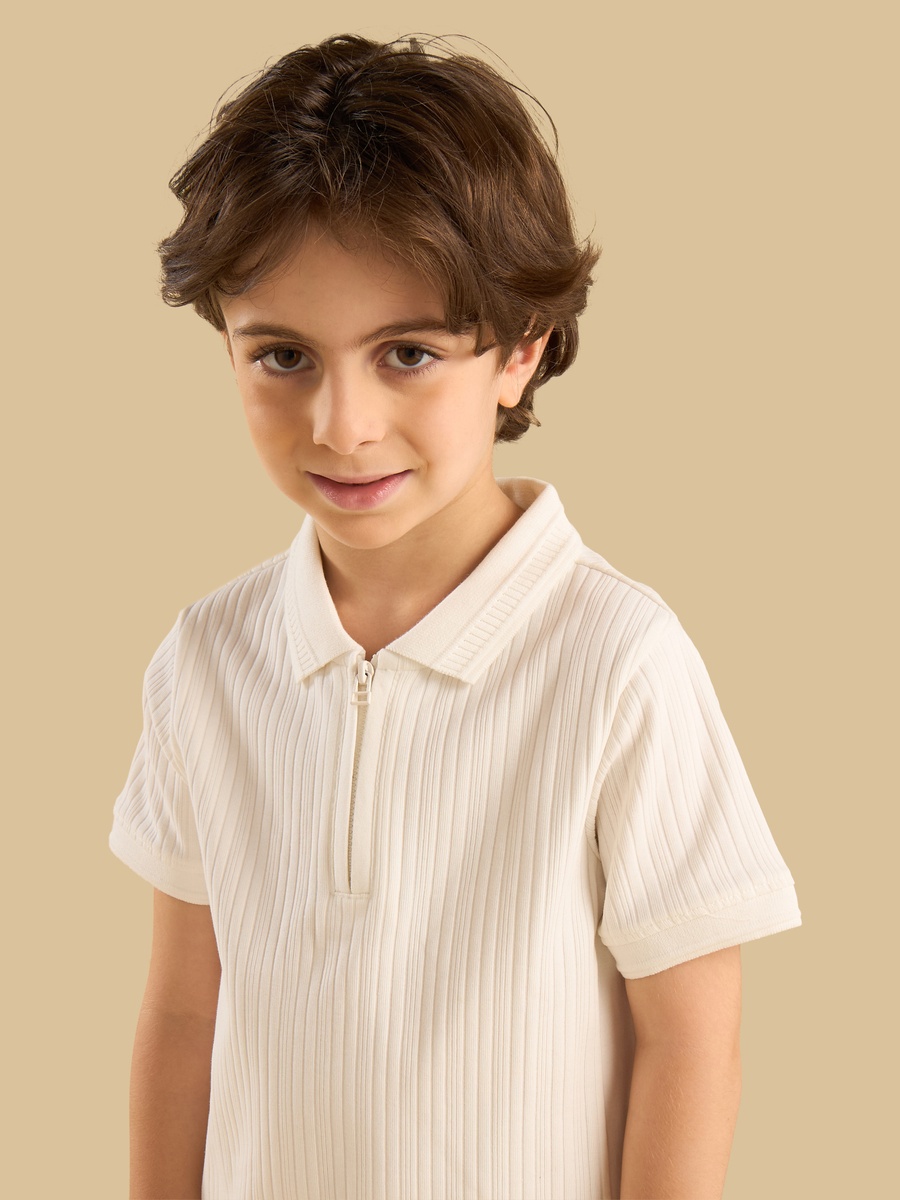 Ribbed Half Zip Cotton Polo T-Shirt