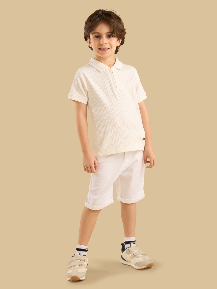 Ribbed Half Zip Cotton Polo T-Shirt