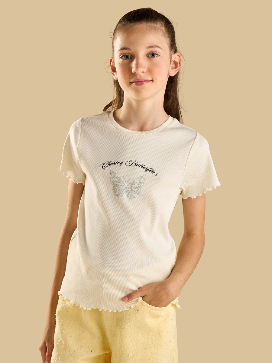 Butterfly Print Ribbed Loose Fit Cotton T-Shirt