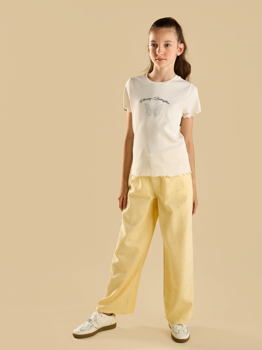 Butterfly Print Ribbed Loose Fit Cotton T-Shirt
