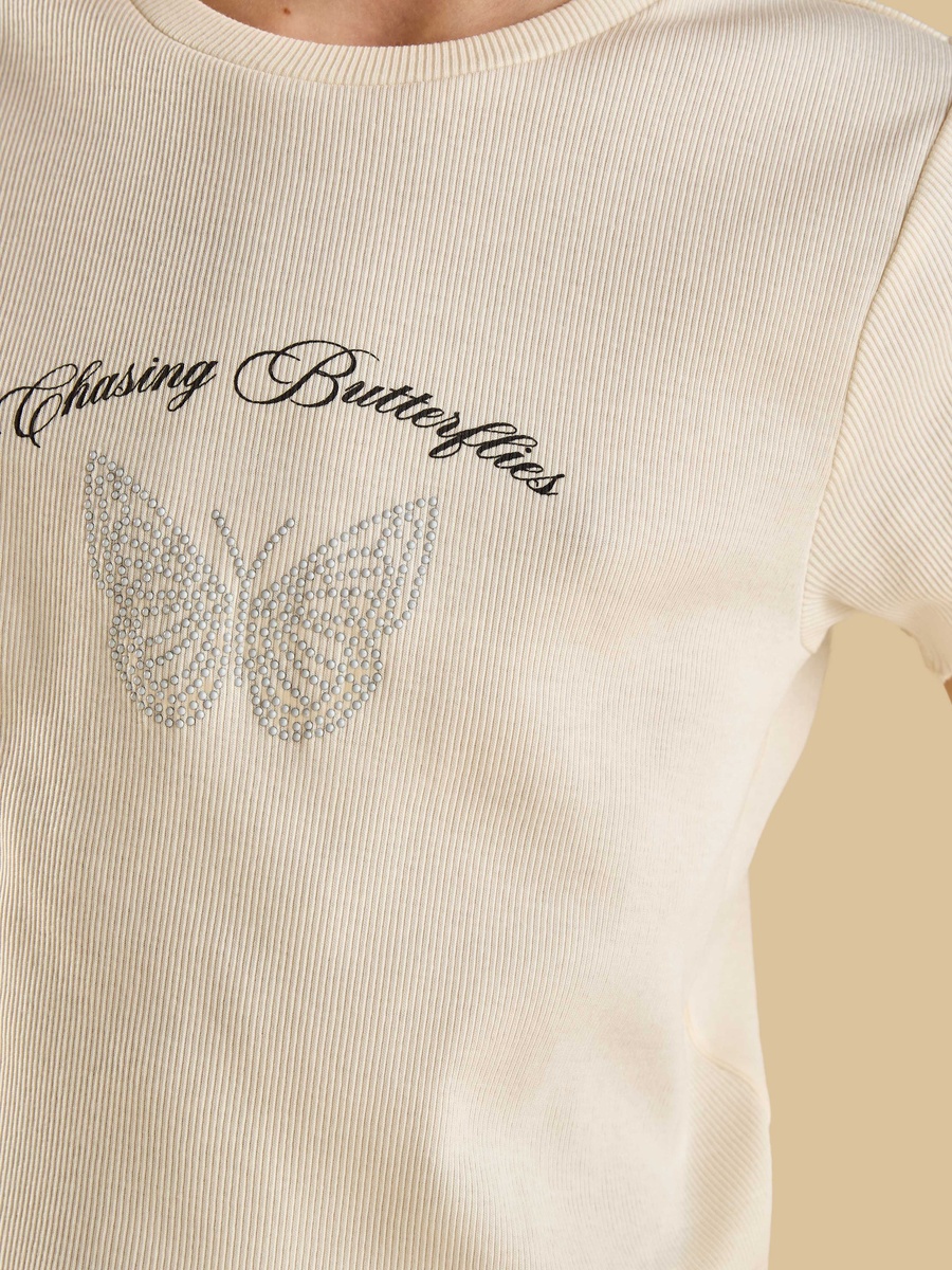 Butterfly Print Ribbed Loose Fit Cotton T-Shirt