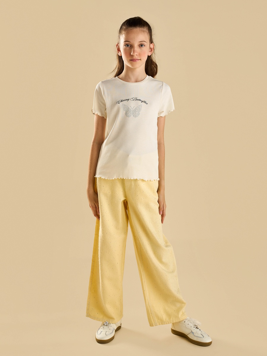 Butterfly Print Ribbed Loose Fit Cotton T-Shirt