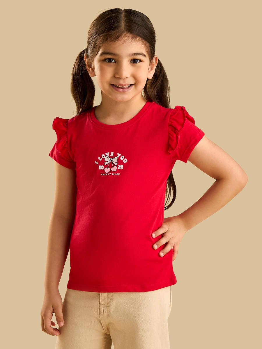 Slogan Print Frill Sleeves T-Shirt