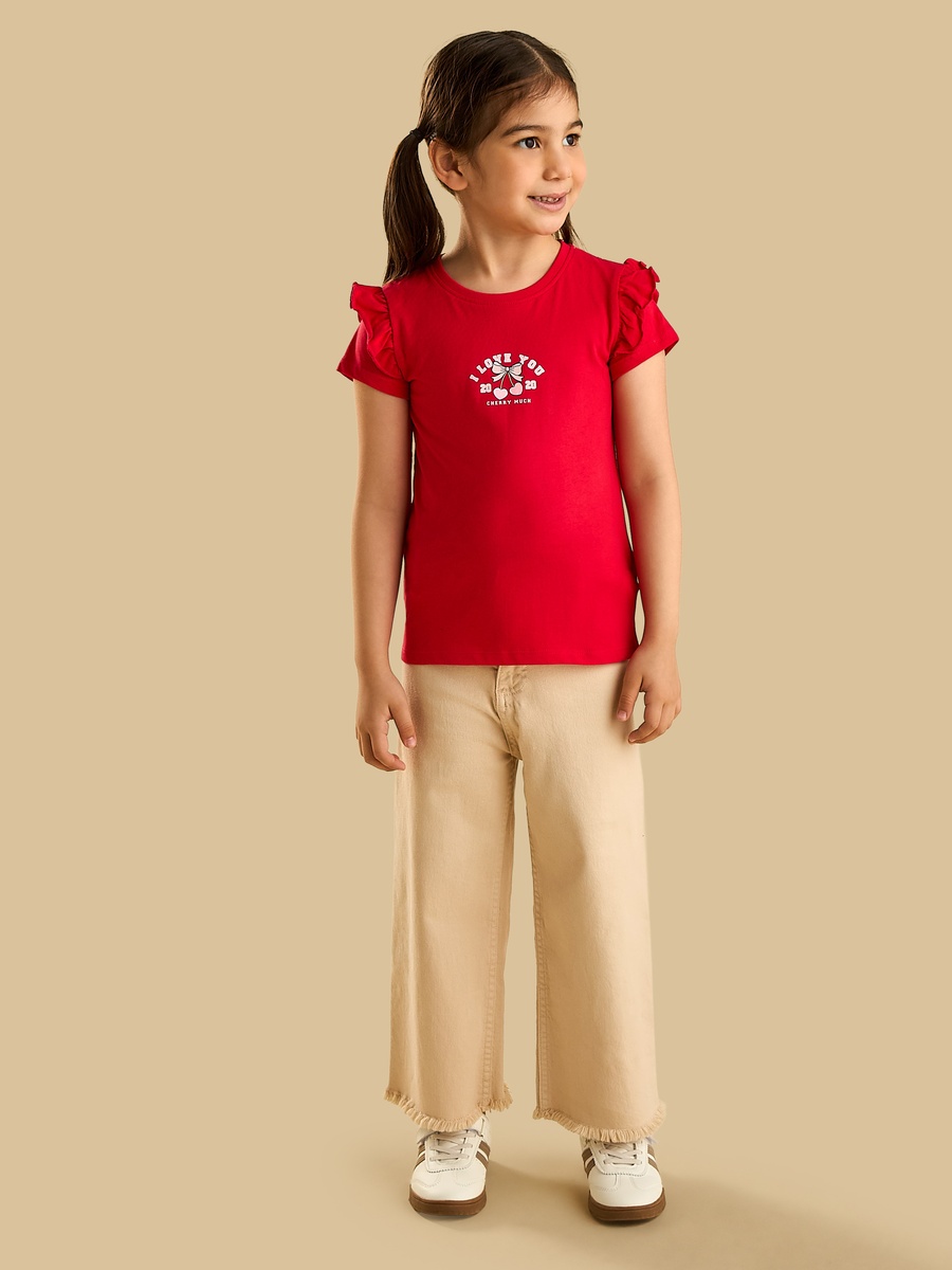 Slogan Print Frill Sleeves T-Shirt