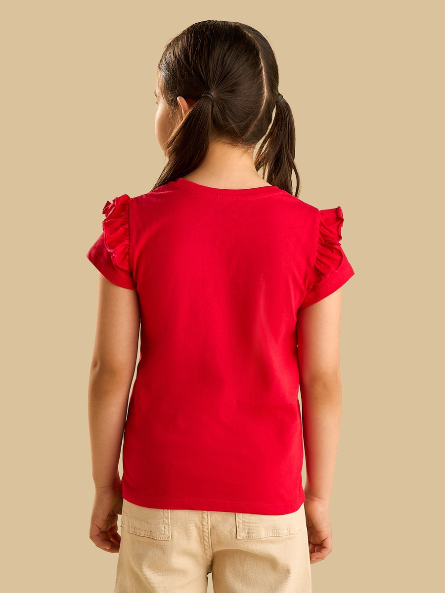 Slogan Print Frill Sleeves T-Shirt