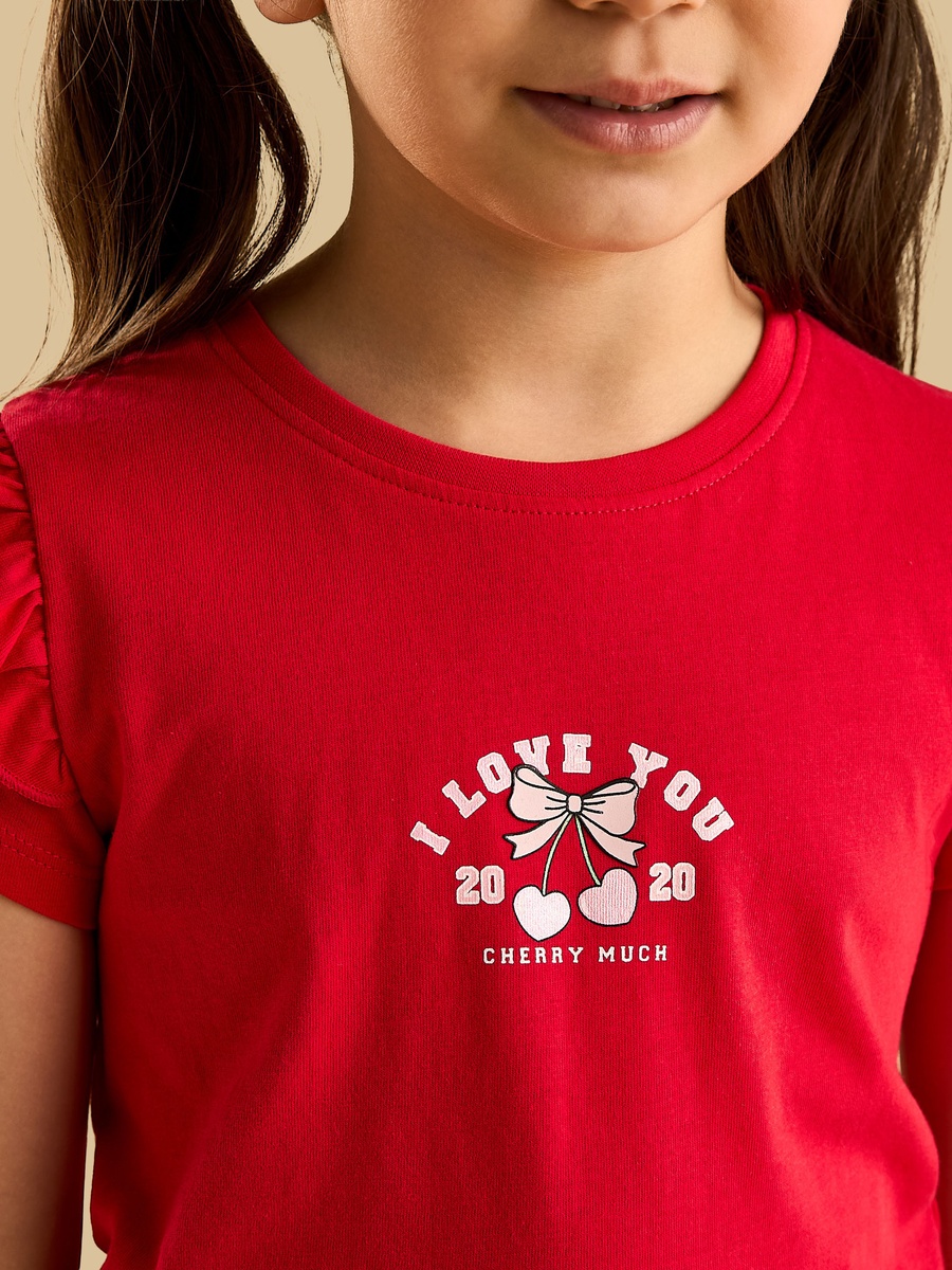 Slogan Print Frill Sleeves T-Shirt