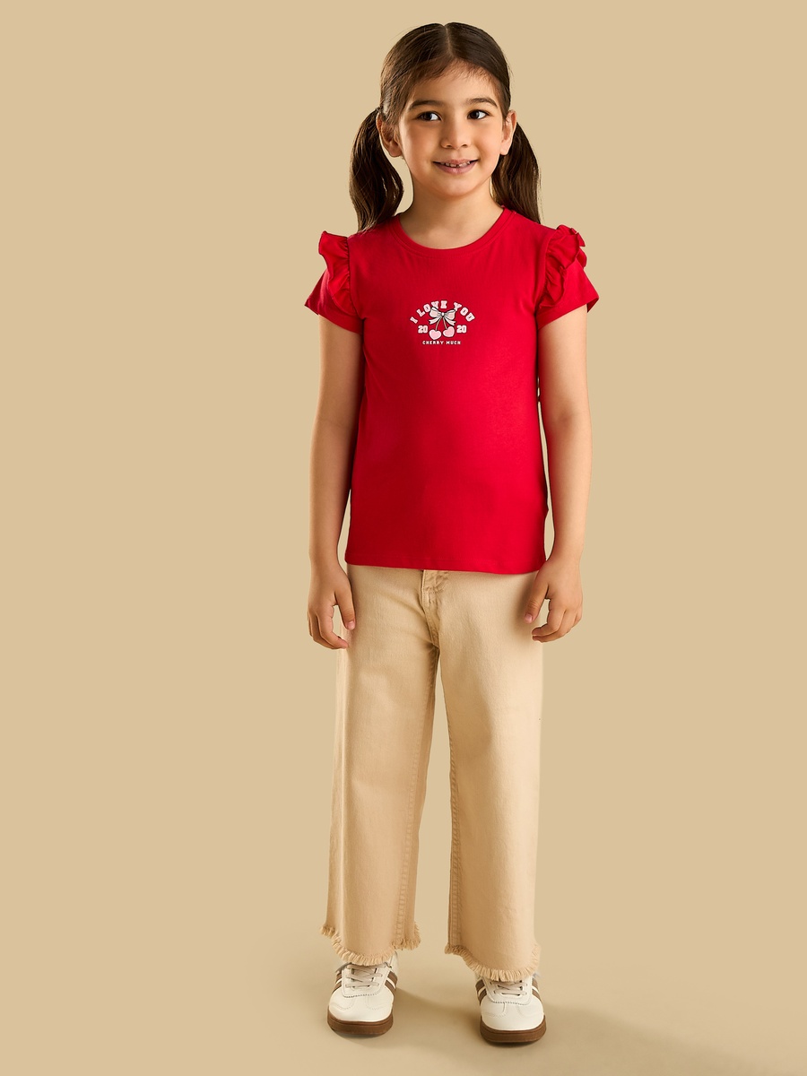 Slogan Print Frill Sleeves T-Shirt