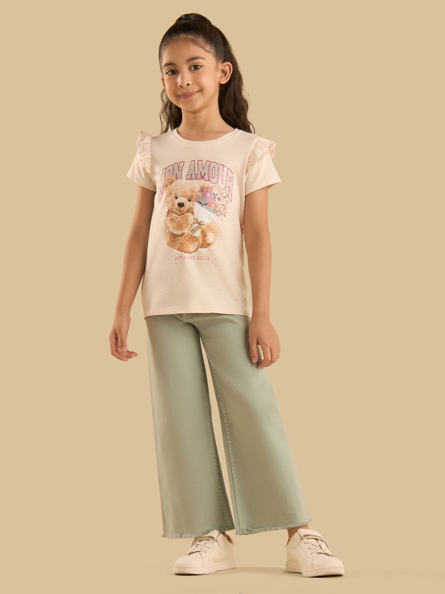 Teddy Bear Print Cotton T-Shirt with Ruffles