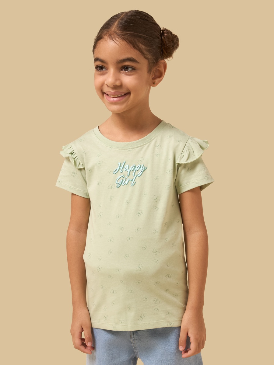 Printed Cotton T-Shirt with Frill Sleeves