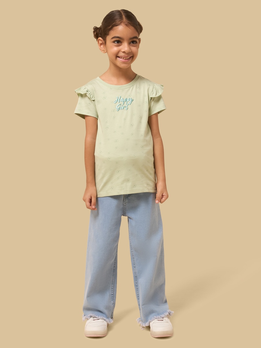 Printed Cotton T-Shirt with Frill Sleeves