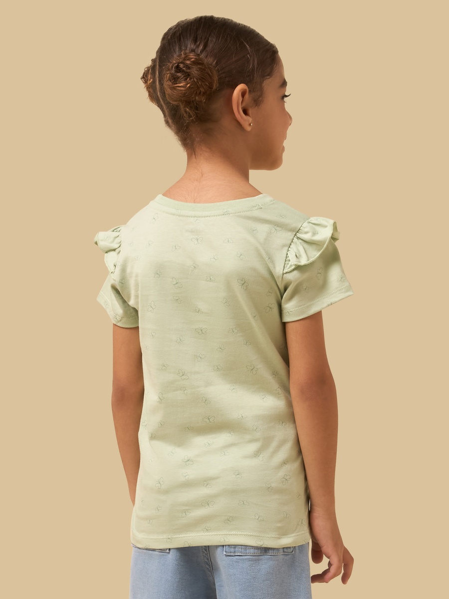 Printed Cotton T-Shirt with Frill Sleeves