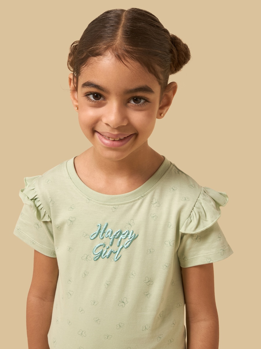 Printed Cotton T-Shirt with Frill Sleeves