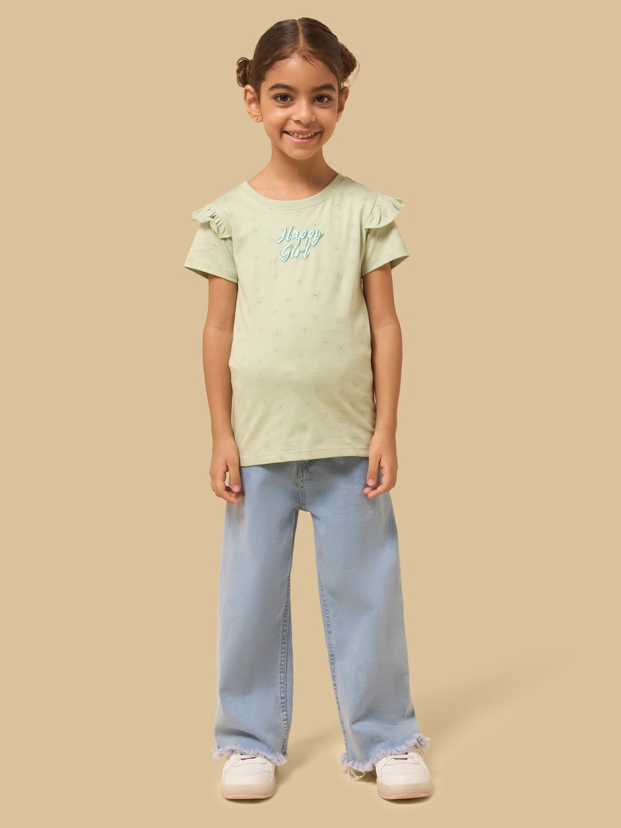 Printed Cotton T-Shirt with Frill Sleeves