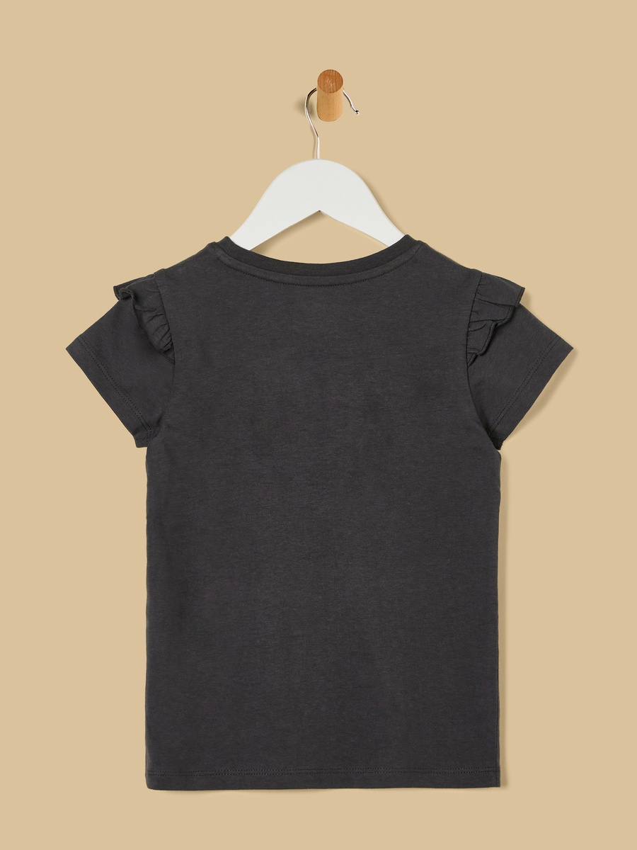 Slogan Print Cotton T-Shirt with Ruffles