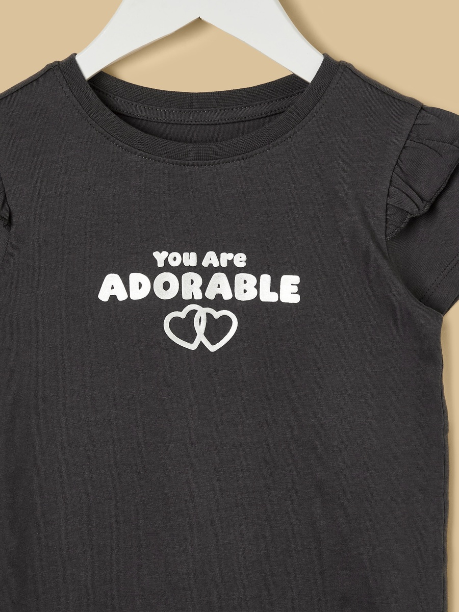 Slogan Print Cotton T-Shirt with Ruffles