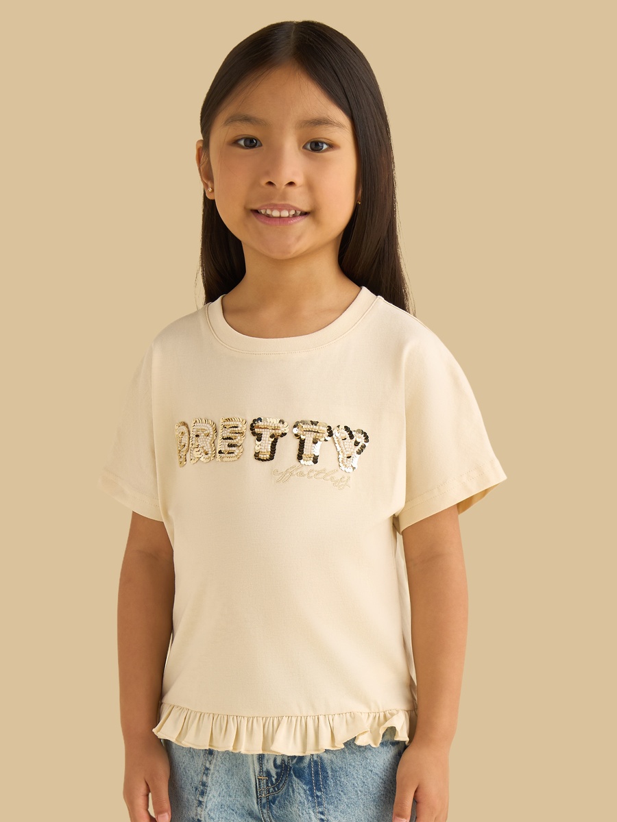 Slogan Embellished Cotton T-Shirt with Frill Hem