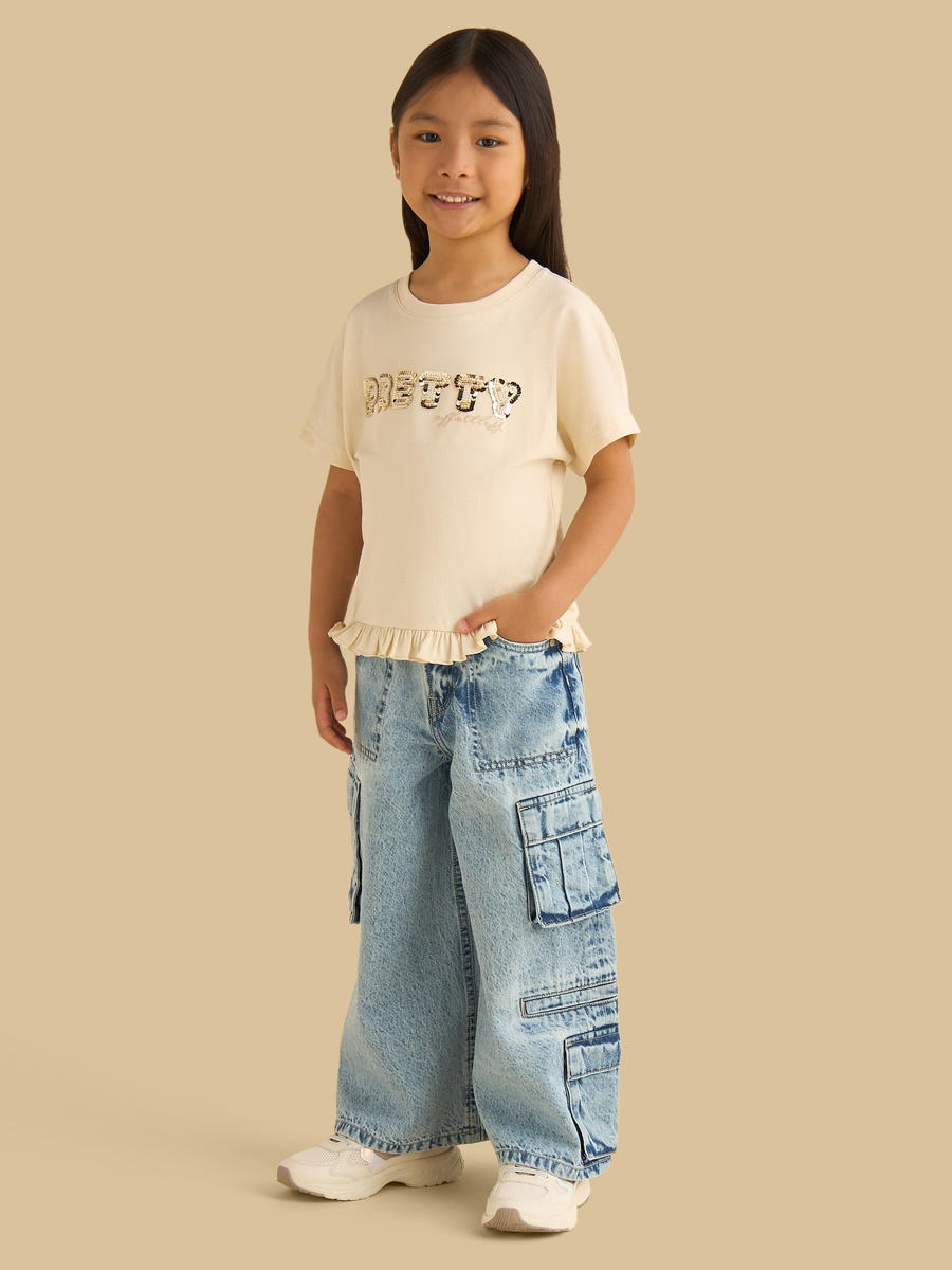 Slogan Embellished Cotton T-Shirt with Frill Hem