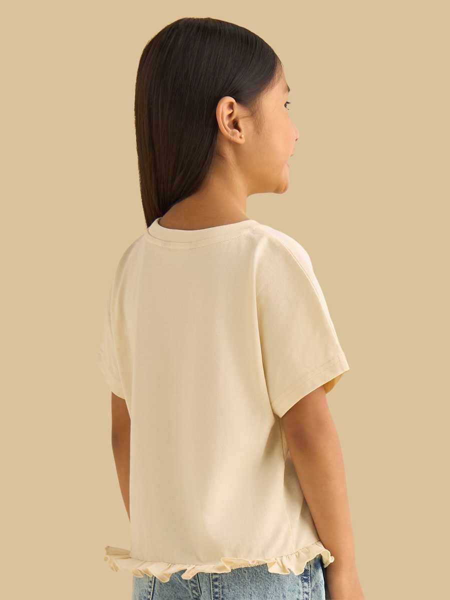 Slogan Embellished Cotton T-Shirt with Frill Hem