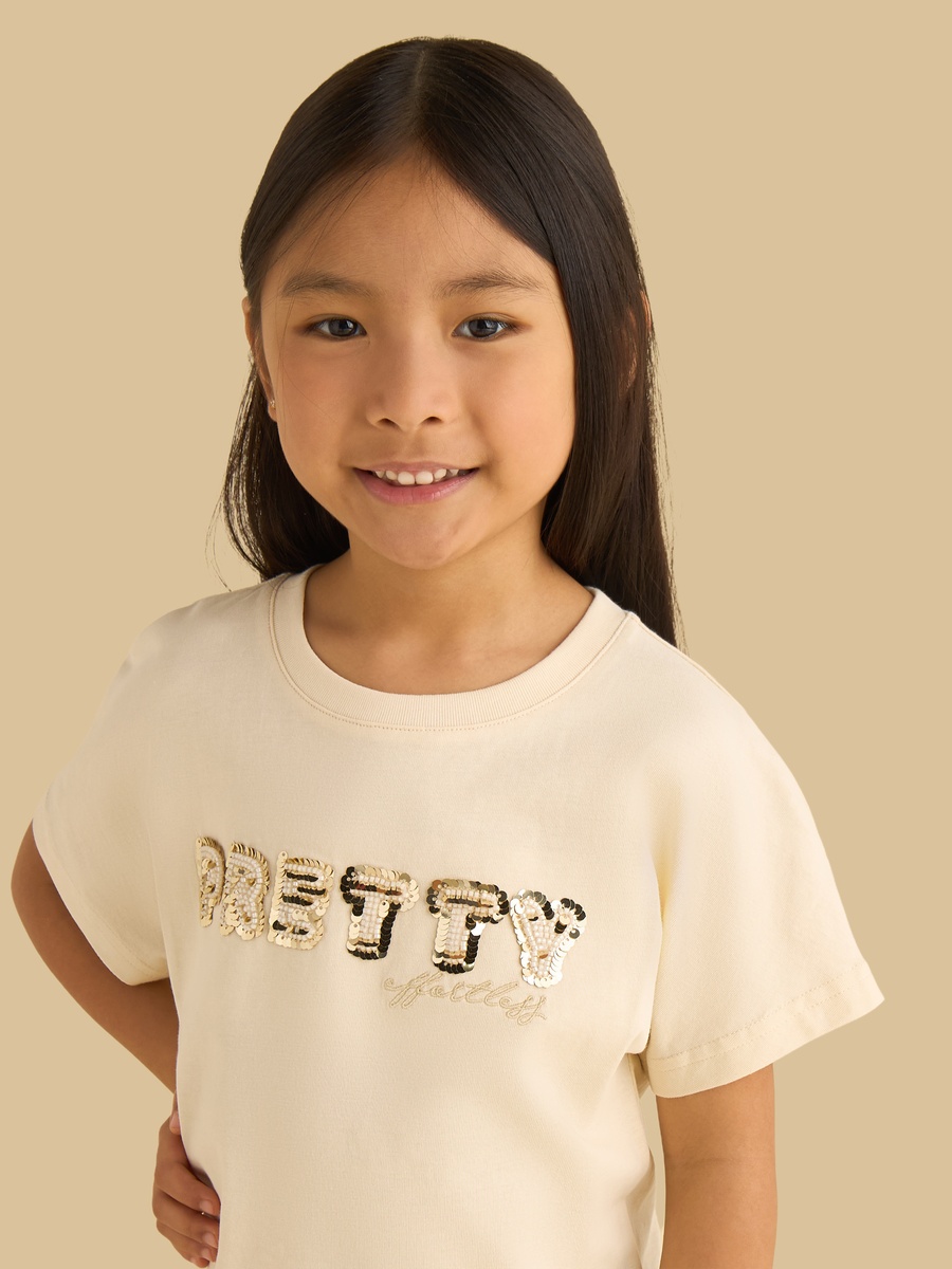 Slogan Embellished Cotton T-Shirt with Frill Hem