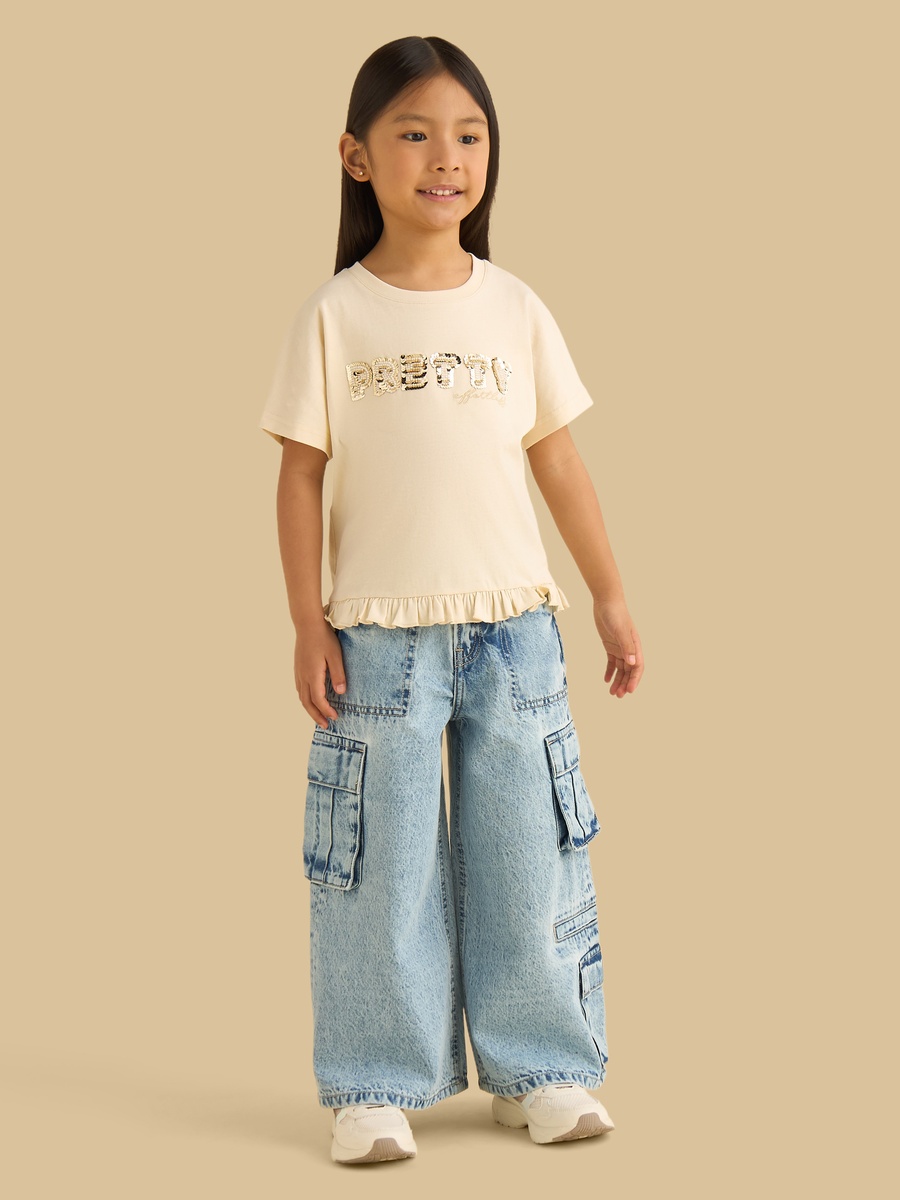 Slogan Embellished Cotton T-Shirt with Frill Hem
