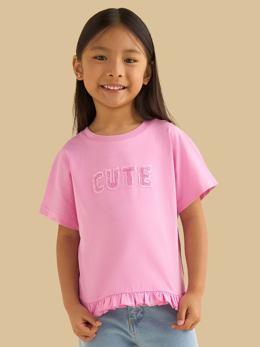 Slogan Embellished T-Shirt with Frill Hem