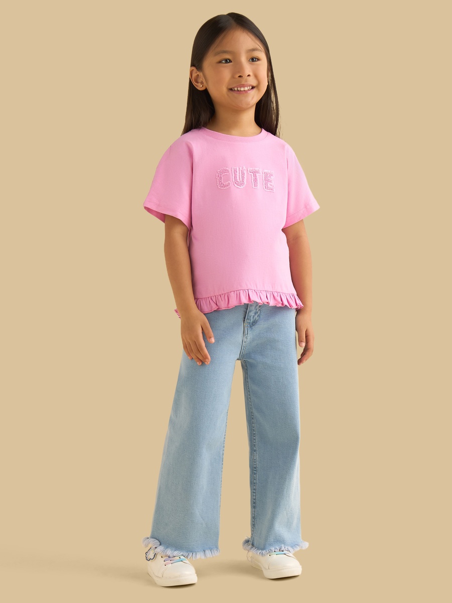 Slogan Embellished T-Shirt with Frill Hem