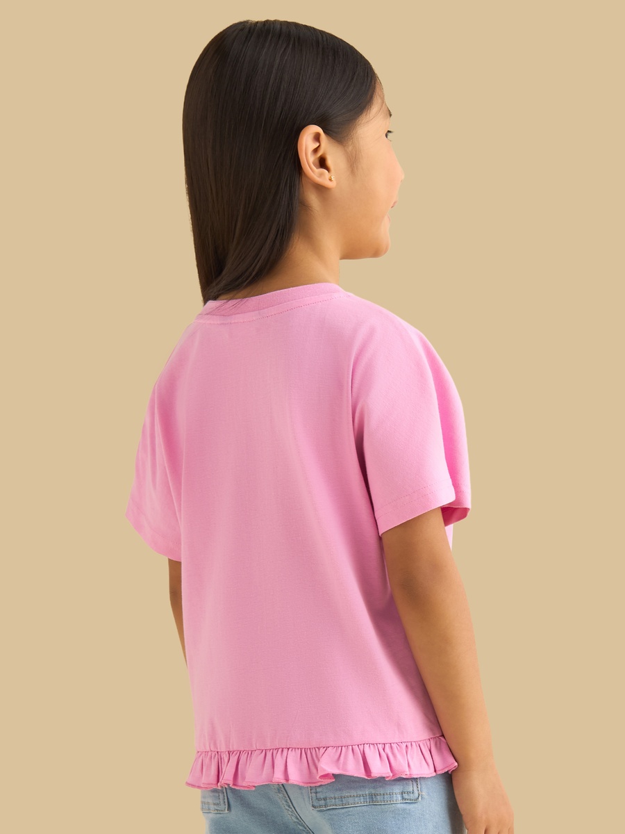 Slogan Embellished T-Shirt with Frill Hem