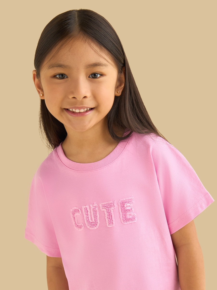 Slogan Embellished T-Shirt with Frill Hem