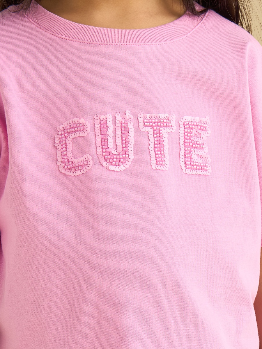 Slogan Embellished T-Shirt with Frill Hem