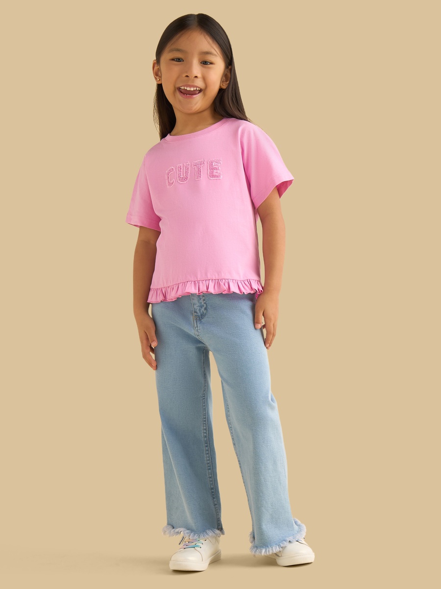 Slogan Embellished T-Shirt with Frill Hem