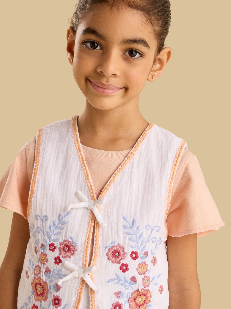 Printed Cotton T-Shirt and Embroidered Waistcoat Set