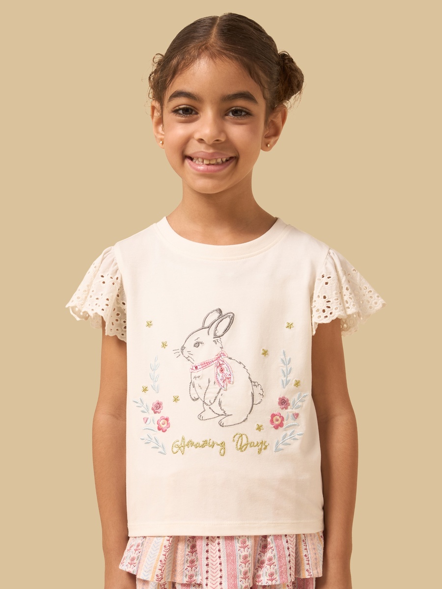 Bunny Embroidered T-Shirt with Schiffli Sleeves