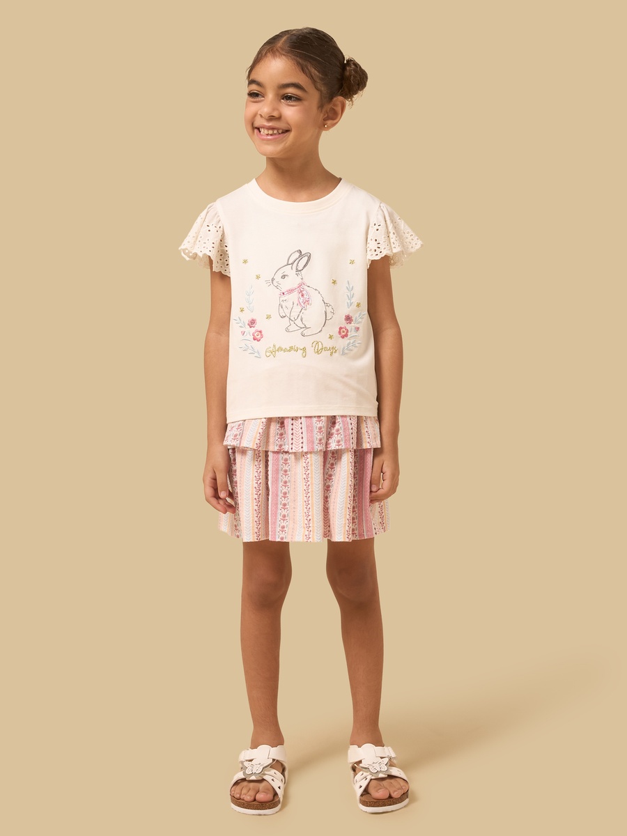 Bunny Embroidered T-Shirt with Schiffli Sleeves