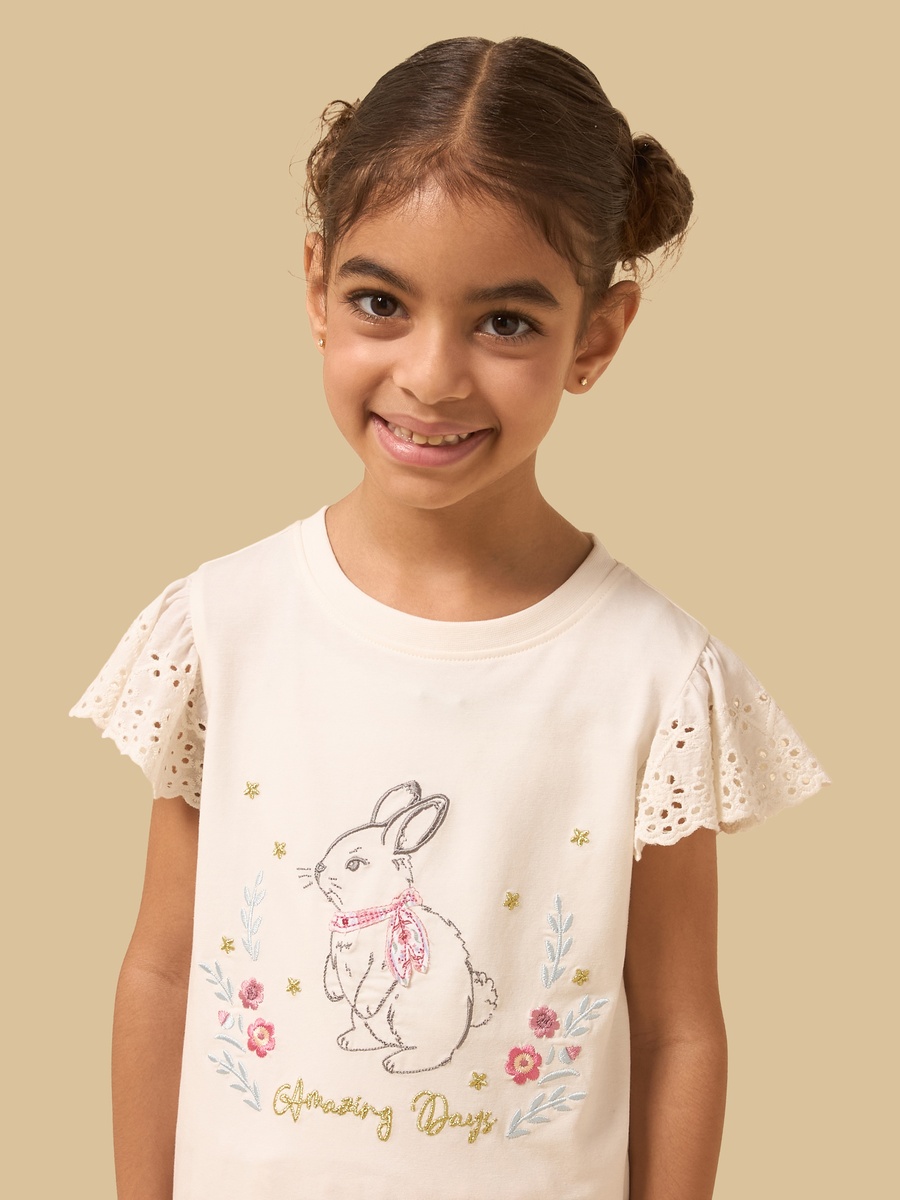 Bunny Embroidered T-Shirt with Schiffli Sleeves