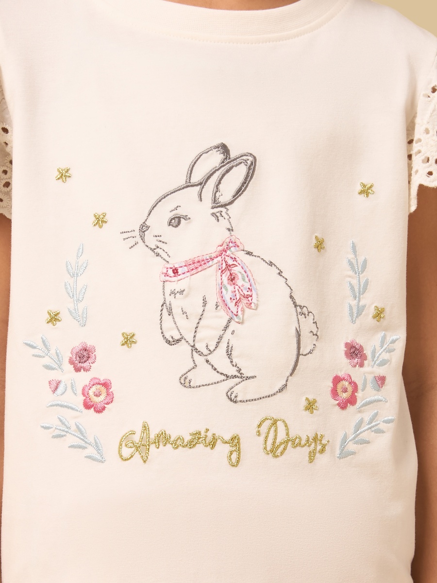 Bunny Embroidered T-Shirt with Schiffli Sleeves